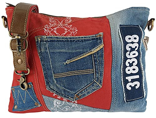 Sunsa Damen Tasche. Nachhaltige Umhängetasche. Handtasche Bag aus recycelter Jeans & Canvas in Vintage Stril. Rot/blau Schultertasche Crossover mit Verstellbarere Henkel