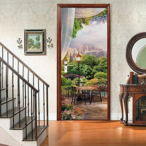 A.Monamour Türtapete Selbstklebend Türfolie Türposter 3D Balkon Vorhang Blick Auf Den Garten Berg Grüne Pflanzen Blumen Vinyl Folie Türdeko Tapete Wandbild Türaufkleber Türtattoo 95 x 215 cm