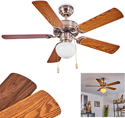 HOFSTEIN Deckenventilator Apiao, Deckenlampe aus Metall/MDF/Glas in Silber/Holzoptik/Braun/Hellbraun/Weiß, 1 x E27, mit Schnurschalter, wendbare Rotorblätter, 3 Stufen, für Schlafzimmer, Wohnzimmer
