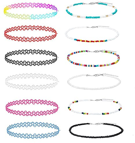 LICQIC Colliers Ras du Cou, 12 Pièces Colliers Colliers Jarretière de Mode Bijoux de Mode Bijouterie pour Filles Enfants Femmes en Caoutchouc élastique, Coloré
