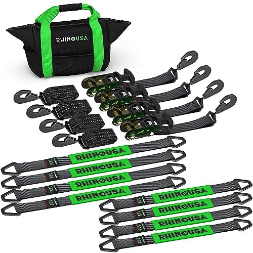 Rhino USA Car Tie Down Straps for Trailers with Snap Hooks (4-Pack) -2 x8' (10,000lb Break Strength) - Heavy Duty T-Handle Car Hauler Tire and UTV Axle Straps, Powersports & More - Black