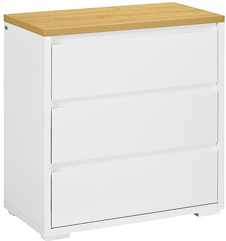 HOMCOM Cassettiera a 3 Cassetti in Truciolato Bianco per Camera da Letto, Studio e Soggiorno, 70x37x75cm