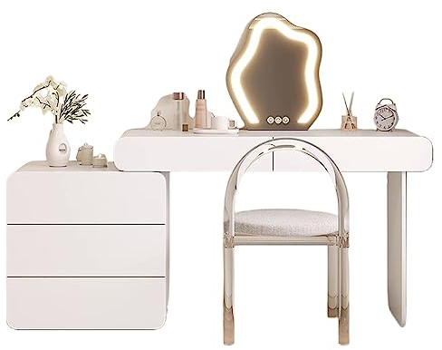 Waschtischsets mit dimmbarem, beleuchtetem Spiegel und Acrylstuhl, Schminktisch mit 5 Schubladen, versteckter Griff, weißer Schminktisch mit Nachttisch für Schlafzimmerstudio
