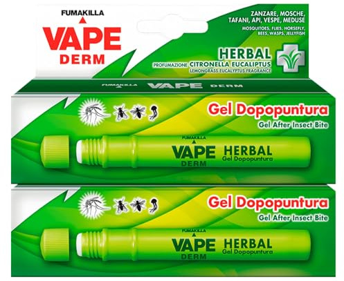 Vape Derm Herbal Stick Gel Dopo Puntura alla Citronella e Eucalipto Lenitivo Insetti Zanzare Tafani Api Vespe Meduse Dermatologicamente Testato - 2 Stick