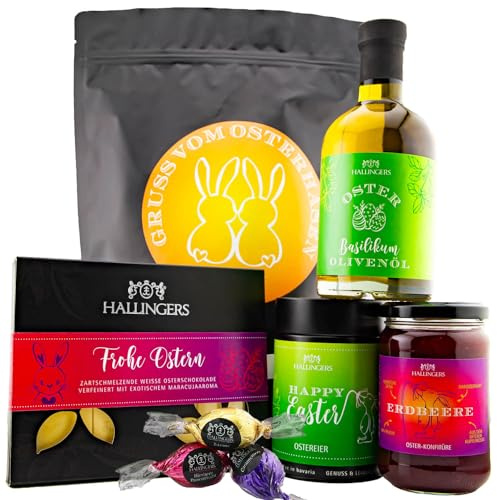 Hallingers Genuss Manufaktur Feinkost Oster-Geschenk-Set - XXL-Wundertüte Gruß vom Osterh... großes Osternest Pralinen-Ostereier, Ostertafel, Konfitüre & Olivenöl, Ostern Körbchen für Frauen Männer
