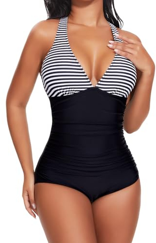 SHAPERIN Baddräkt för kvinnor, V-ringad magkontroll, formande baddräkt, sexig, monokini, rygglös, badmode, badkläder i ett stycke, bodysuit, Randig, M