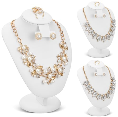 Youyole 3 Pcs White Leather Jewelry Display Necklace Earrings Ring Display Stand Jewelry Bust/mannequin for Selling and Shows