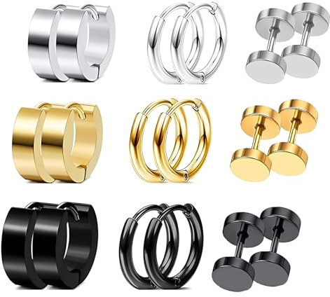 HinDaLi 9 Paar Set Edelstahl Ohrstecker für Herren Damen Ohrringe Creolen Klein Ohrringe Herren Schwarz Ohrringe Gold Ohrstecker Damen Ohrringe Tragus Piercing Ohrringe Damen Silber Runde Tunnel
