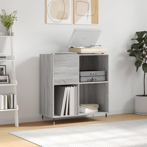 Mueble para discos de vinilo, estante organizador con patas de hierro, madera de ingeniería, diseño industrial 84,5 x 38 x 89 cm, resistente para tocadiscos y colecciones de música
