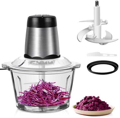 300W Electric Meat Grinder for Home Kitchen Use, Small Food Processor & Chopper with 4 Stainless Steel Blades, 2L Mini Universal Chopper with Glass Bowl, Multifunctional Detachable Cutter Mixer