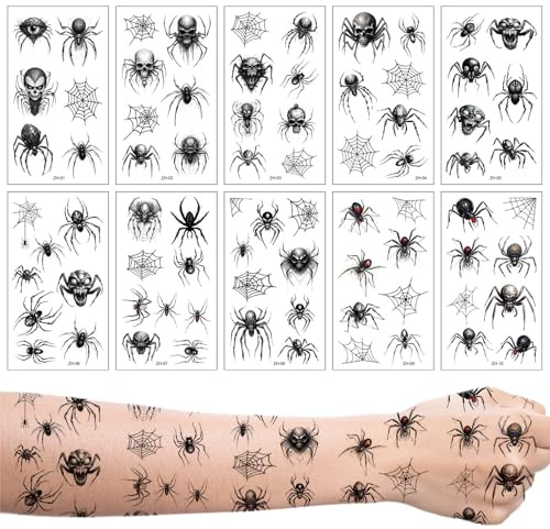 Halloween Tattoo Gesicht,Halloween Tattoo,Kinder Tattoos Spinnen,Spinne Sticker Damen,Hexe Make Up,Spinnennetz Gesichtstattoo Hexen,Kostüm für Schminke,Temporäre Aufkleber Erwachsene 10 Bogens