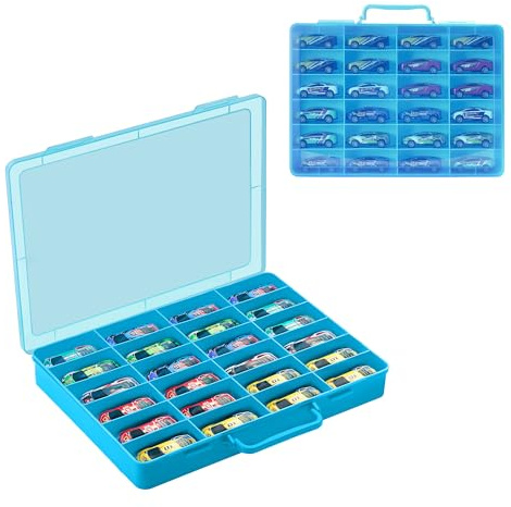 RHCOM Spielzeug-Aufbewahrungskoffer für Hot Wheels Auto, für Streichholzschachtel-Autos, Mini-Spielzeug, für kleine Puppen, Tragetasche mit 24 Fächern (nur Box), blau, Einfach: