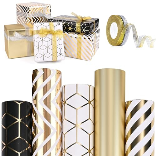 Presentpapper set 5 rullar 300 x 43 cm presentpapper födelsedag presentpapper svart vitt guld presentpappersrulle med band för födelsedag jul bröllop fest presentdekoration (B)