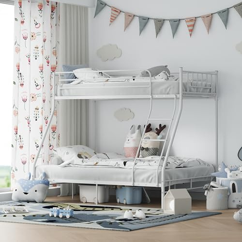 XINBEDEU Triple Bunk Bed Frame for Kids & Adults, Sturdy Metal Bunk Bed 3ft Single Over 4ft6 Double, White Metal Frame with Safety Rail for Children & Teenagers, Space-Saving Design (White, Double)