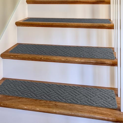 COLFULINE 15PCS Stair Treads 20 x 76 cm, Non-Slip Stair Pads Self-Adhesive Stair Mats, Soft Stair Carpet for Children, Elderly and Pets, Machine Washable, 100% Polyester, Grey
