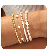 JeweBella 4 Stück Armband Damen Gold/Silber Zarte Herz Perlenarmband mit Naturstein Kugel Schlange Armkette Verstellbare Wasserfest Armbänder Set Schmuck damen