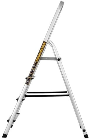 TOUGH MASTER Aluminium Folding Step Ladder Tread Ladders Anti-Slip Steps Top Handrail with Rubberised Plastic Feet Max Load 150Kg – EN131 Safety Standard, Silver (4 Steps)