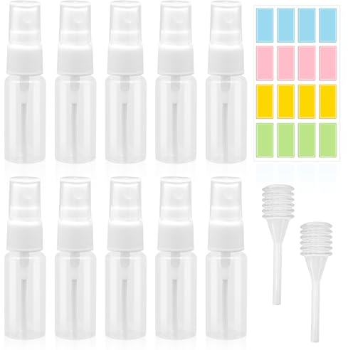 BORISCA 10 Piezas Botes Spray Pequeños 20ml Transparentes con 2 Pipeta y 1 Hoja de Etiquetas, Bote Spray Pulverizador, Botellas de Viaje Rellenables Transparente, para Cosmética, Colonia (20ml*10)