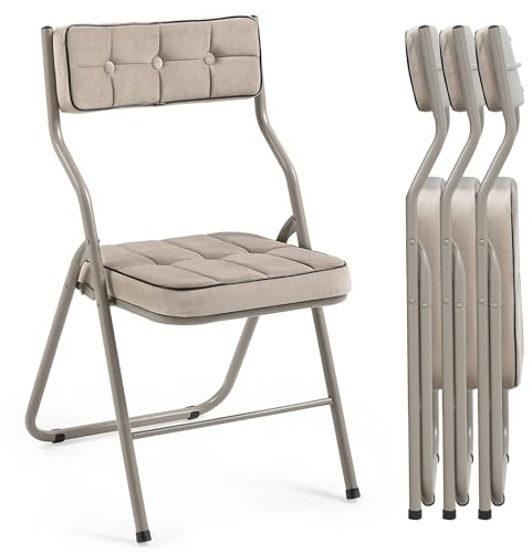 Villeston Polsterte Klappstühle 4er Set, Khaki | Klappbarer Esszimmerstuhl mit Kissen, Tragbar und Vormontiert, Zusätzliche Sitzgelegenheit für Gäste, Küche, Büro, Hochzeit
