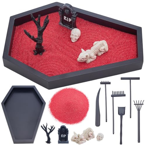 WEBEEDY Kit de Mini Bac à Sable Zen pour Bureau avec Un Cercueil Halloween Kit de Jardin Zen Thérapeutique avec Sable Rouge et Outils Décorations Effrayantes DIY pour Bureau pour Une Fête Halloween