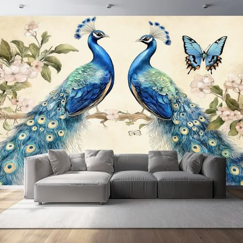 Carta da parati stampata 350 x 256 cm Carta da parati murale non tessuta Acquerello Pavone Fiori Farfalla Decorazione murale per la casa alla moda per camera da letto e soggiorno Colore