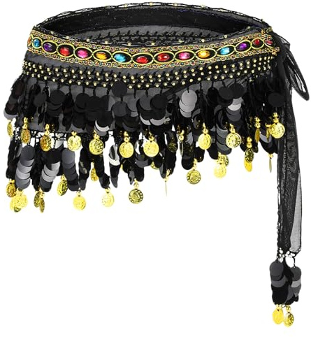 Grevosea Women's Belly Dance Hip Scarf, Sequin Tassel Skirt Wrap Sparkly Tinsel Fringe Skirts with Sequins and Coins, Performance Costume for Women(Black)