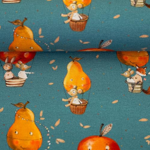 French Terry Stoff Sommersweat LITTLE FOX & FRIENDS - Waldtiere im Ballon - 2 Farben – Ökotex 100 Klasse 1 – Meterware ab 50 cm - Baby- und Kinderkleidung nähen (petrol)