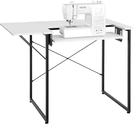 VEVOR Mesa de Costura con Tablero Plegable, Estante Ajustable y Patas de Acero, Multiusos, para Estudio de Moda en Casa, Estudio de Arte, Institución Educativa, Color Blanco, 1045 x 600 x 760 mm