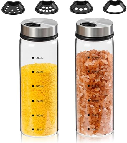 2 Pieces 500ml Round Salt and Pepper Shakers,Clear Glass Seasoning Shaker with Adjustable Pour Holes,Glass Pepper Shaker with Shaker lids,Clear Seasoning Storage Jars for Home,Kitchen and Restaurant