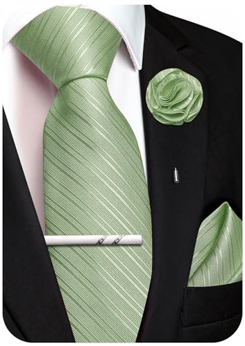 Ailisus Salbei Grün Krawatte Herren Set Streifen Seiden Krawatte mit Einstecktuch Ansteckblume Krawattenklammer für Hochzeit