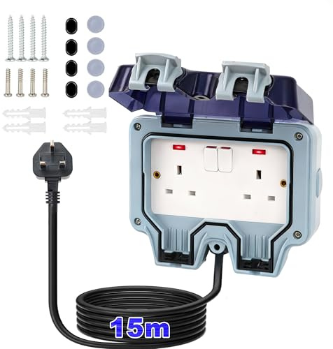 Weatherproof Outdoor Socket IP66 Waterproof Double Socket 15M Extension Lead Switched Wall Electrical Outlet 2 Gang Power Socket,Garden Outside Plug Sockets Cover Box(15M)