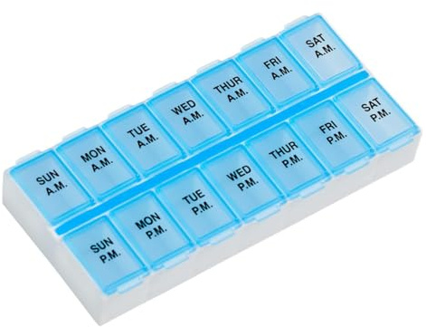 EZY DOSE Weekly AM/PM Daily Pill Case, Medicine Planner, Vitamin Organizer, Fish Oil Holder, Supplements Container, Medium Compartments, 2 Times a Day, Color May Vary (Randomly Selected), BPA Free