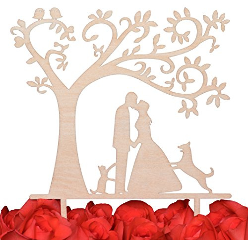 LOVENJOY Tortendeko Hochzeit Cake Topper Holz Küssen Brautpaar mit Hund und Katze für Hochzeitstorte Deko, Geschenkbox