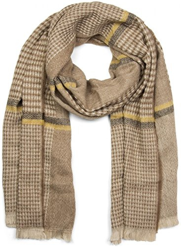 styleBREAKER bred XXL halsduk med fiskben rutmönster, dekorativa ränder och fransar, stickad halsduk, unisex 01017027, BRUN, En Storlek