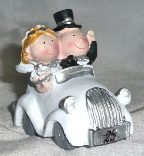 Silberhochzeitspaar im Auto, klein, Polystone - Dekofigur/ Tortendeko