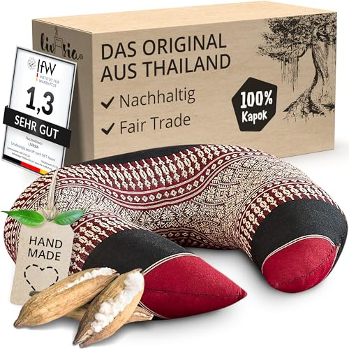 livasia Nackenstützkissen Nackenhörnchen - 24x28x7cm - Nackenkissen U-Form, Sofakissen Muster, Reisekissen mit Kapok, Kissen Massageliege Gesichtsunterlage, handgefertigt (Rot/Schwarz)
