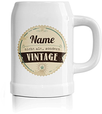 Herz & Heim® Bierkrug aus Keramik zum Geburtstag mit Namen - nicht alt, sondern vintage