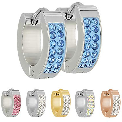 Treuheld | CREOLEN mit 2 Reihen KRISTALLEN (Silber, Rosegold, Gold, Pink, Klar, Blau, Crystal Transparent) - Edelstahl Damen & Herren OHRRINGE - ZIRKONIA - GLITZER Ohrstecker mit Klappverschluss