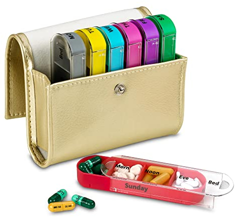MEDca Pilulier de Voyage Hebdomadaire - Pilulier en Forme de Portefeuille avec Boites à Médicaments Individuelles 7 Jours, 4 Compartiments par Jour