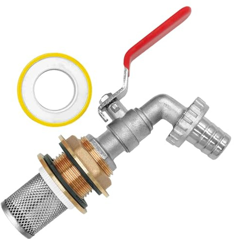 MegaHaustechnik Regentonnendurchführung Messing für 34mm LochØ AG 1“, Wandung max. 15mm, Dichtband, mit Auslaufhahn mit Schlauchtülle AußenØ 19mm für 3/4“ Schlauch, Edelstahl Filterkorb, Fass