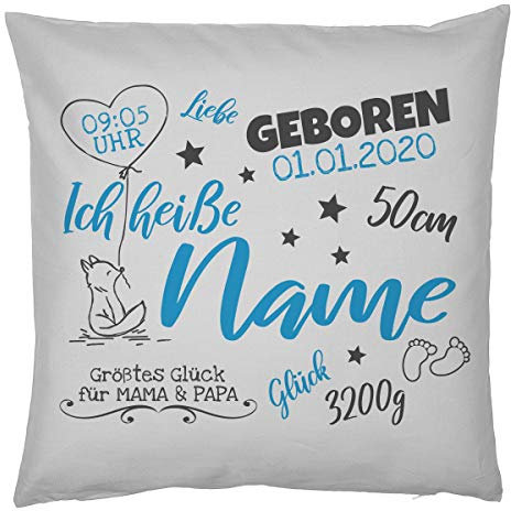 Mega-Shirt Kissen zur Geburt Geburtskissen Kissen mit Füllung Personalisierter Polster Namenskissen Geschenk Baby Glückwunsch zur Taufe Geburts Geschenke
