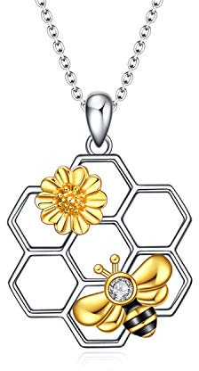 Collier avec pendentif en forme d'abeille en argent sterling avec abeille en forme de bourdon géométrique avec tournesol, bijoux cadeaux pour femmes et filles