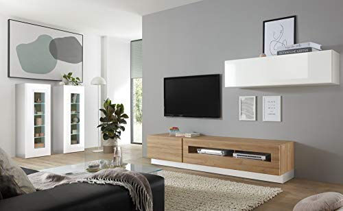 Wohnkombination Roana IX weiß/Grandson Oak hell Dekor 380x190x38-48cm Wohnzimmermöbel Wohnzimmerschrank Schrankwand TV-Schrank Fernsehschrank Größe mit Beleuchtung