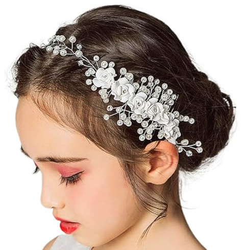 IYOU Bandeau de princesse en cristal blanc avec fleur et perles - Accessoires de cheveux pour mariée - Pour filles et demoiselles d'honneur