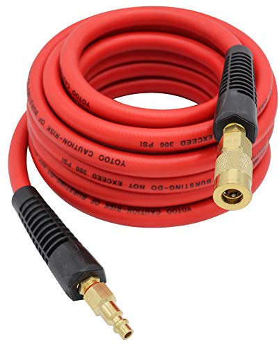 YOTOO Hybrid Air Hose 3/8-Inch by 25-Feet 300 PSI Heavy Duty, Lightweight, Kink Resistant, All-Weather Flexibility with 1/4-Inch Brass Male Fittings, Bend Restrictors, Red