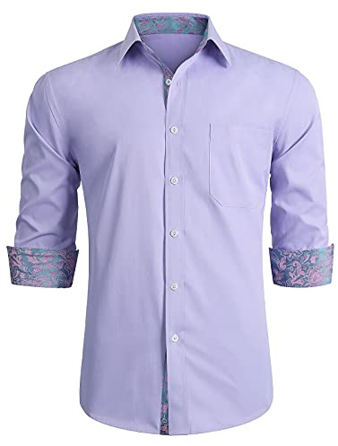 HISDERN - Camicia da uomo formale, per il tempo libero, a maniche lunghe, in cotone, classica, vestibilità regolare