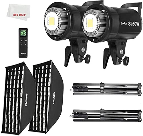 GODOX SL-60W 2x 60W LED Video Light + Ambitful 60 x 90 cm Softbox, Light Stand, Honeycomb Grid, with Remote Control, Suitable for Film Studios, Photo Studios