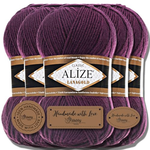 Hobby YARN 3x Etikettenlabel mit Alize Lanagold Wolle Premium 5x100g als Set, Yarn, Garn, Strickgarn, Einfarbig, Baby, zum Häkeln, Stricken, Kleidung, Schals (Plum - 111)