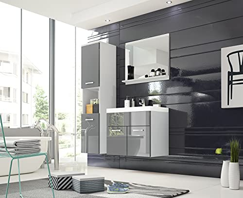 PIASKI Conjunto de Muebles de baño Montreal, Juego de Muebles baño pequeño, Lavabo Incluido, Distintos Colores (Blanco/Gris Brillo)