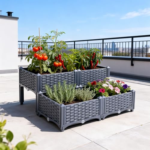 Mingone 4X Blumenkasten Rattan Optik Kunststoff, 40x40, Grau | Wasserspeicher, Balkonkasten, Für Balkon Garten Terrasse